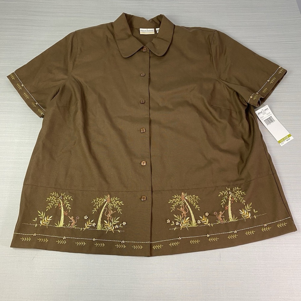 Alfred Dunner Button Up Blouse Women's 22W Brown Monkeys‎ Palms Short Sleeve NWT